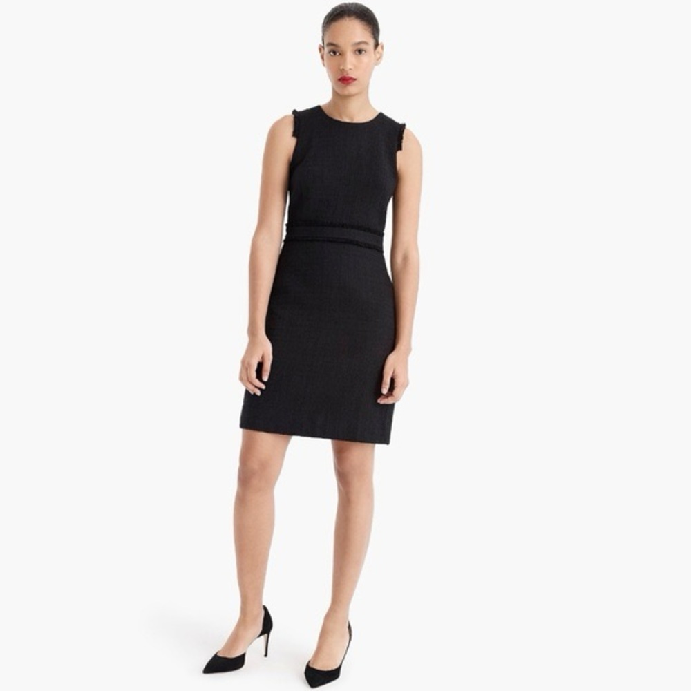 J Crew Tweed Sheath Dress Black with Fringe Details